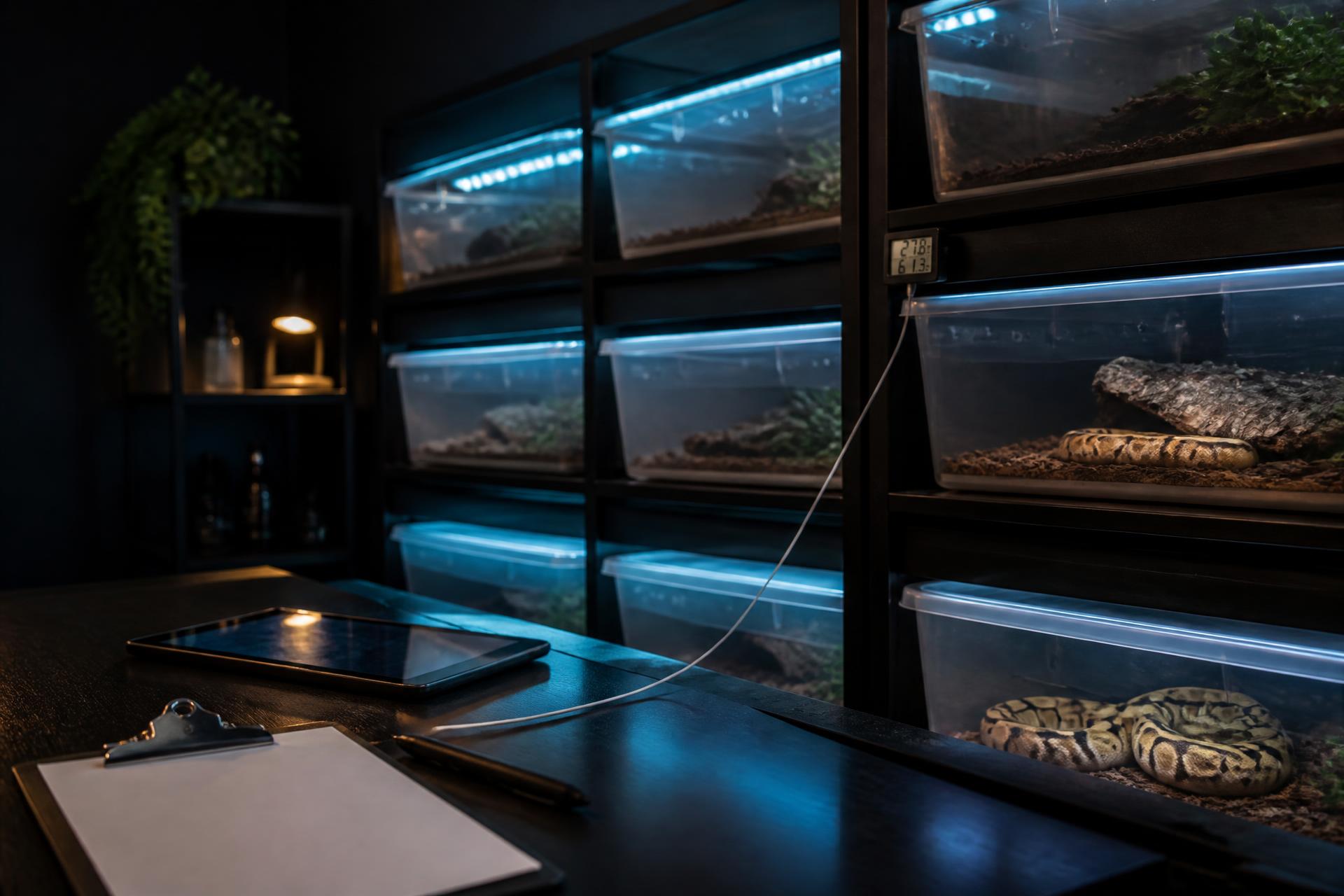 Reptile rack room with labelled tubs and a digital thermometer